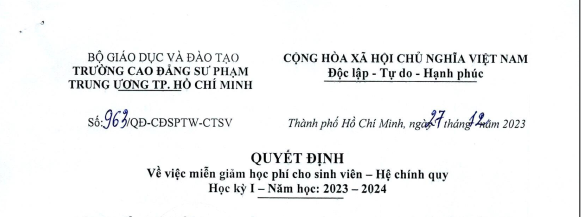 QUYẾT ĐỊNH về việc miễn giảm học phí cho sinh viên hệ chính quy - Học kỳ I, Năm học 2023-2024